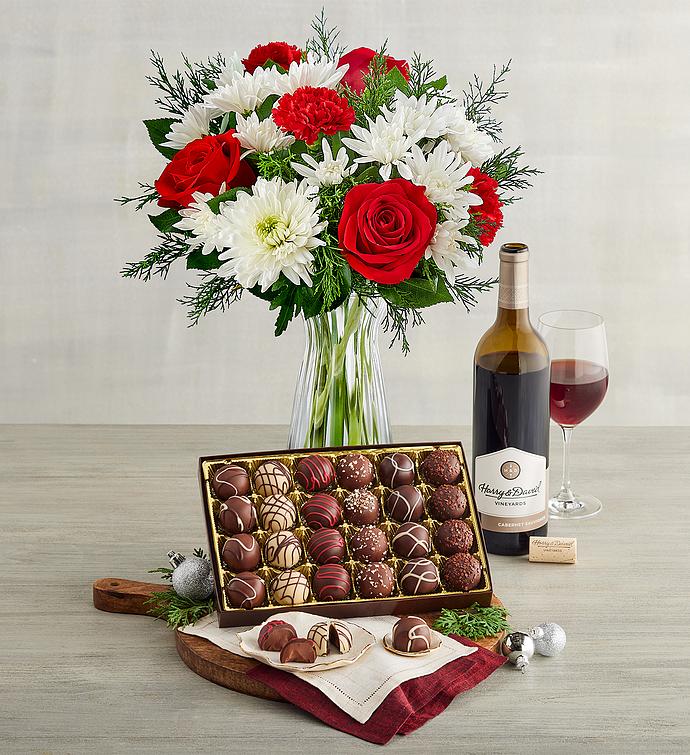 Festive Holiday Bouquet, Chocolate Truffles, and Wine